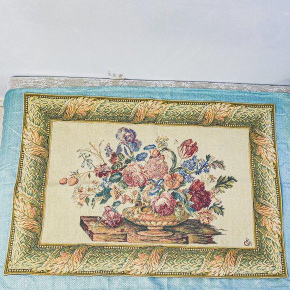 Vintage G.R.H. Large Woven Wall Tapestry Hanging Vibrant Floral Victorian Style - Picture 2 of 15